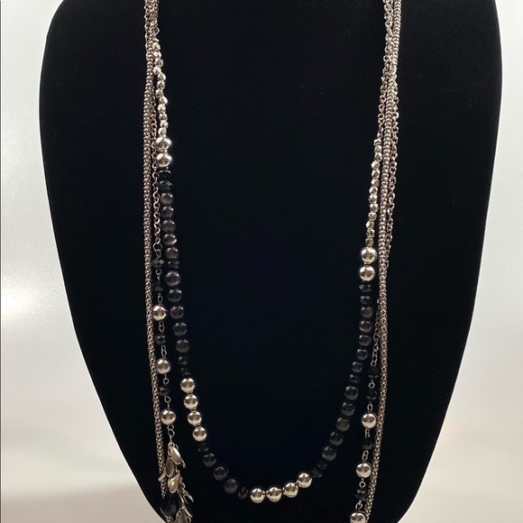 Fashion Necklace Long Three Strands Black Acrylic And Silver Tone Beads 36”+ 3” - Picture 4 of 14